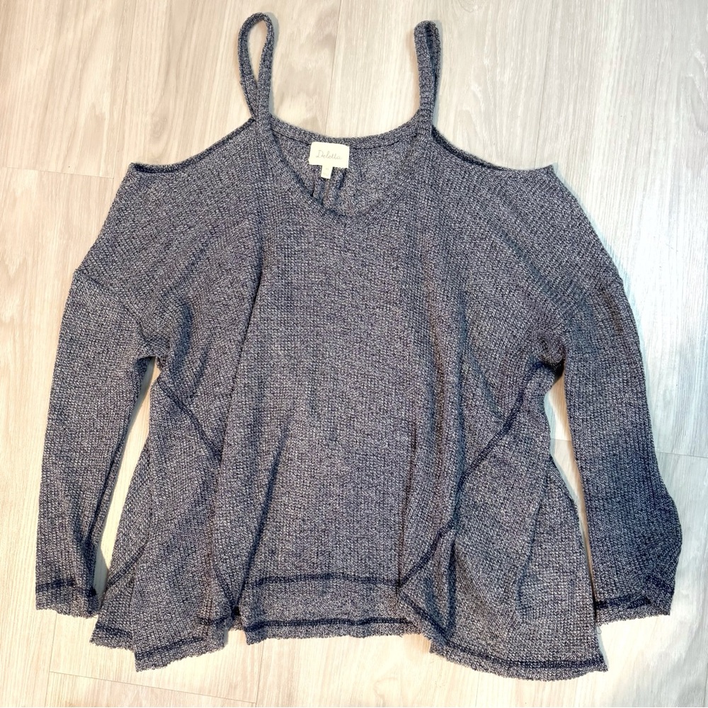 Anthropologie Deletta Millipa cold shoulder blue gray knit top size XS